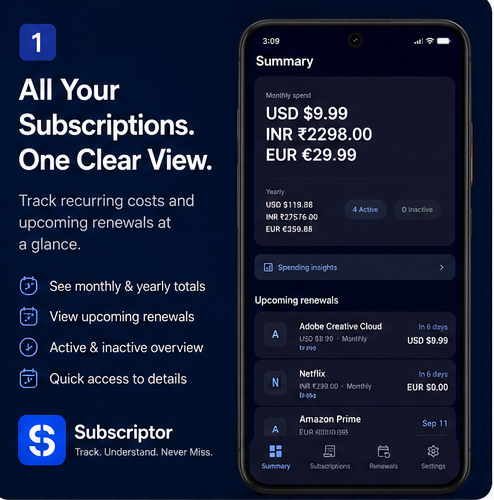 Subscriptor dashboard showing all subscriptions with costs and renewal dates