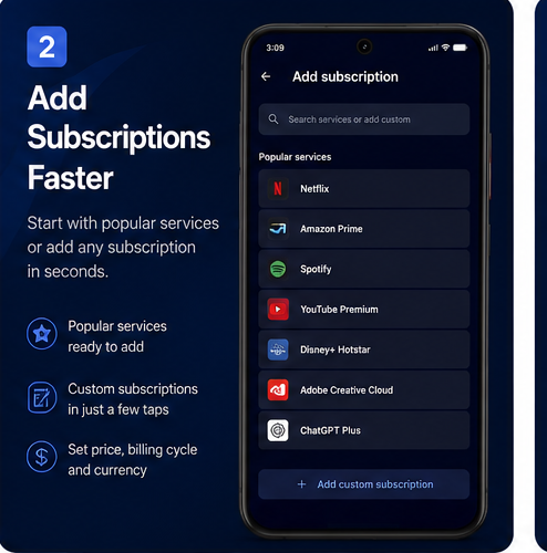 Adding a new subscription with service shortcuts and categories