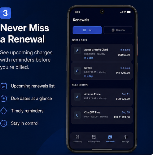 Renewal list showing upcoming renewals with countdown timers