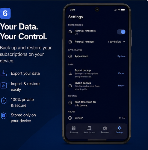 Data backup, import, and privacy settings